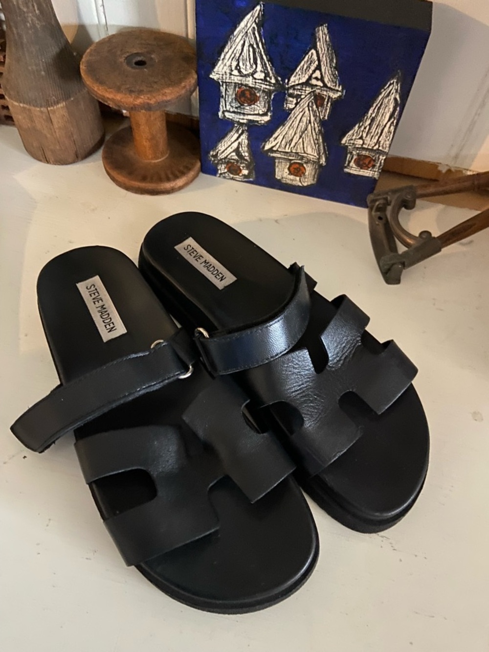 Steve Madden Black Leather Cutout Slide Sandals